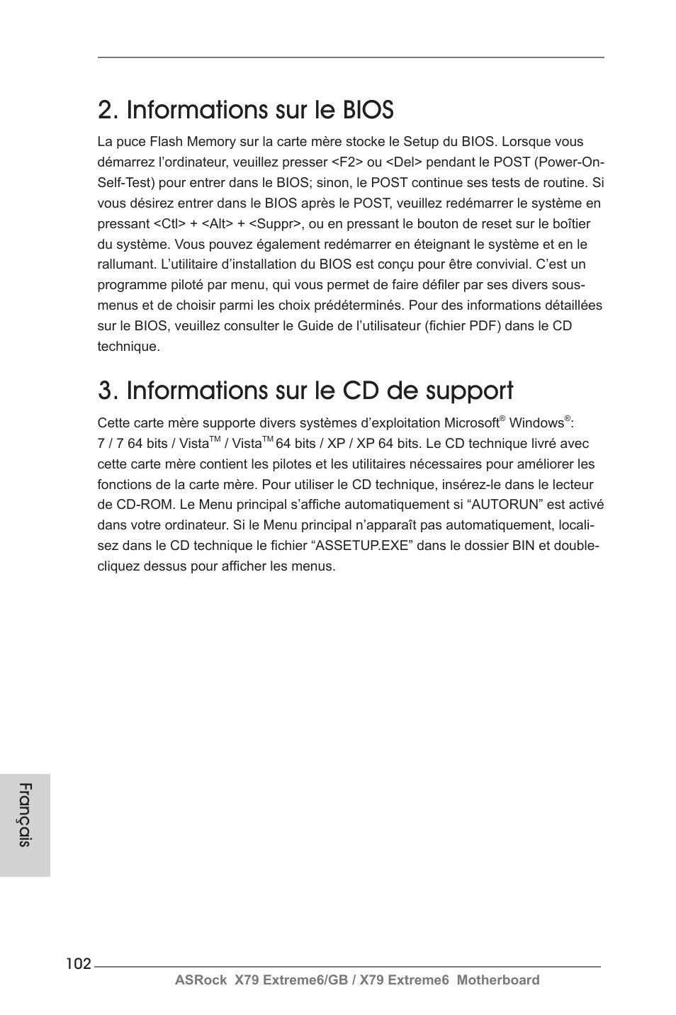 Informations sur le bios, Informations sur le cd de support, Français | ASRock X79 Extreme6__GB User Manual | Page 102 / 249