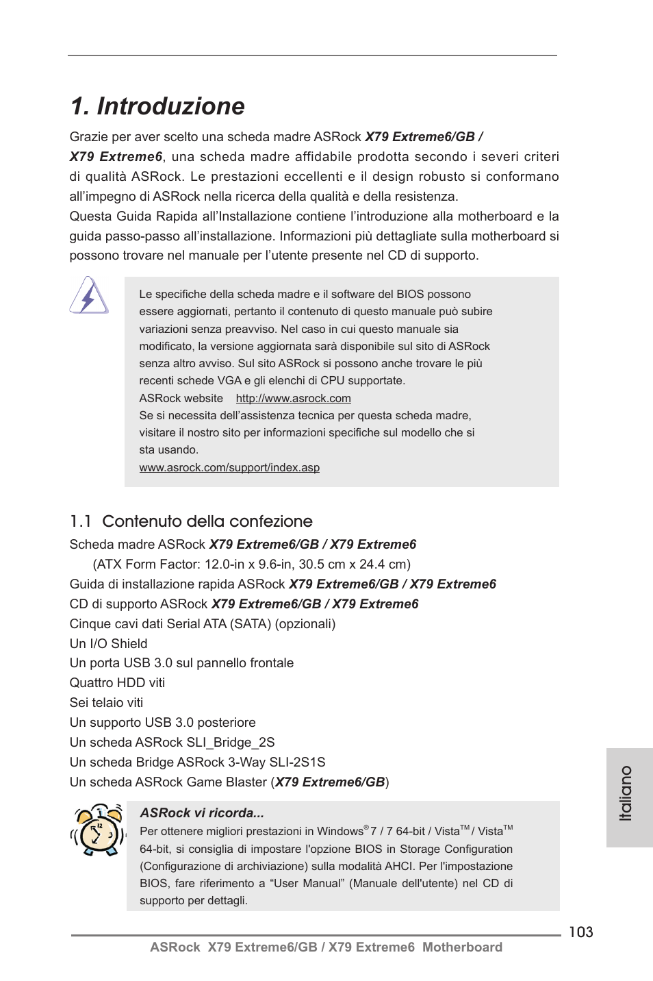 Italian, Introduzione, Italiano | 1 contenuto della confezione | ASRock X79 Extreme6__GB User Manual | Page 103 / 249