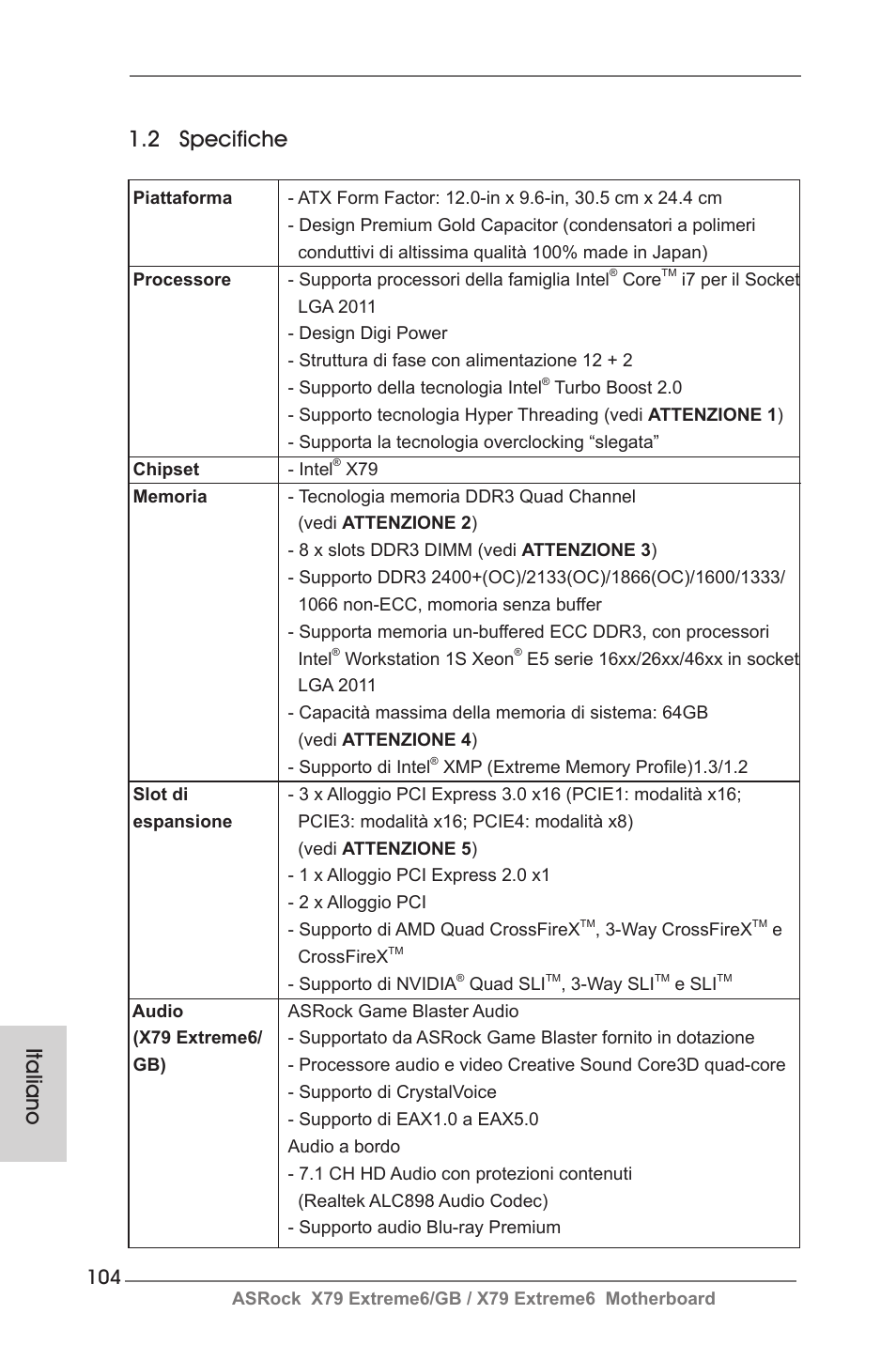 Italiano 1.2 specifiche | ASRock X79 Extreme6__GB User Manual | Page 104 / 249