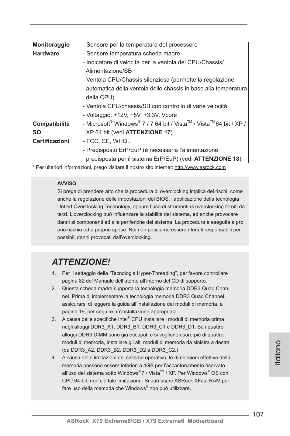 Attenzione, Italiano | ASRock X79 Extreme6__GB User Manual | Page 107 / 249