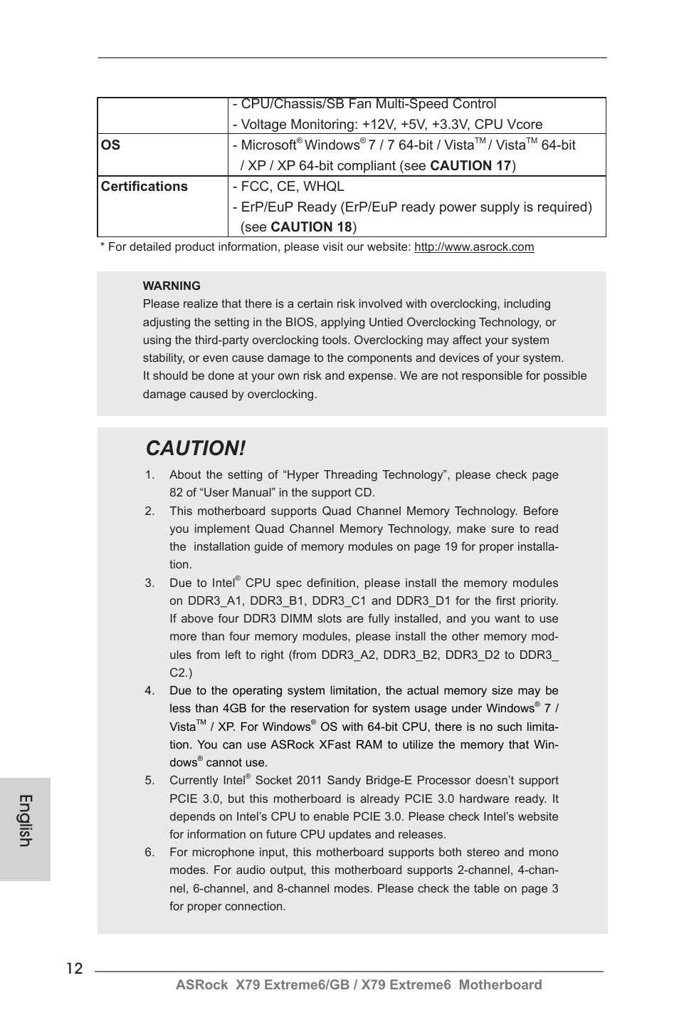 Caution, English | ASRock X79 Extreme6__GB User Manual | Page 12 / 249
