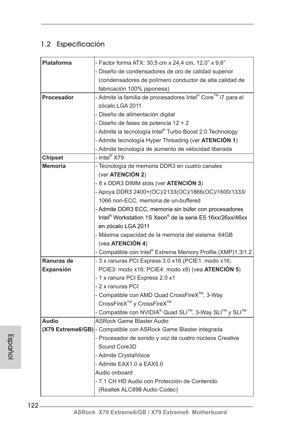 Español 1.2 especificación | ASRock X79 Extreme6__GB User Manual | Page 122 / 249