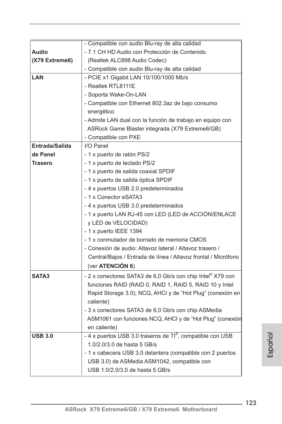 Español | ASRock X79 Extreme6__GB User Manual | Page 123 / 249