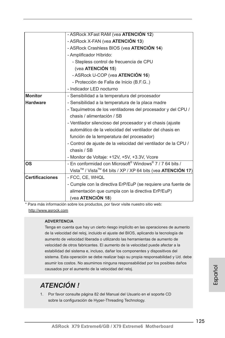 Atención, Español | ASRock X79 Extreme6__GB User Manual | Page 125 / 249