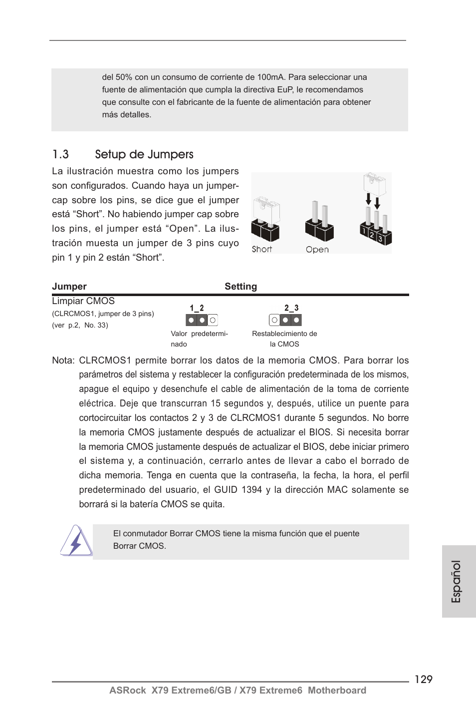 Español 1.3 setup de jumpers | ASRock X79 Extreme6__GB User Manual | Page 129 / 249