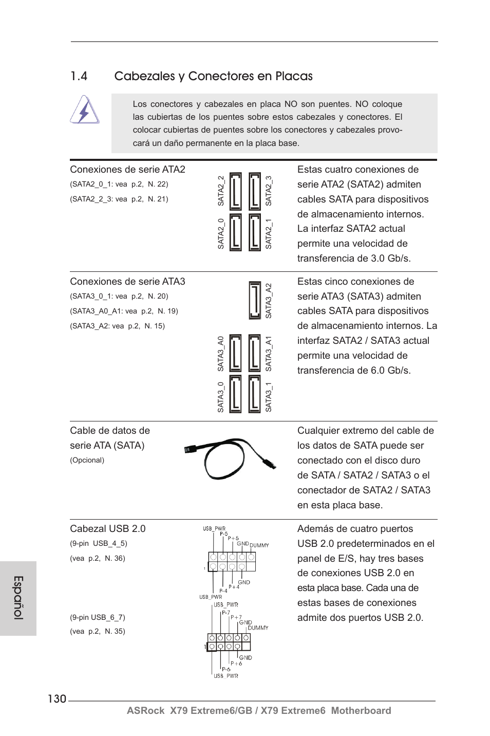 Español 1.4 cabezales y conectores en placas | ASRock X79 Extreme6__GB User Manual | Page 130 / 249