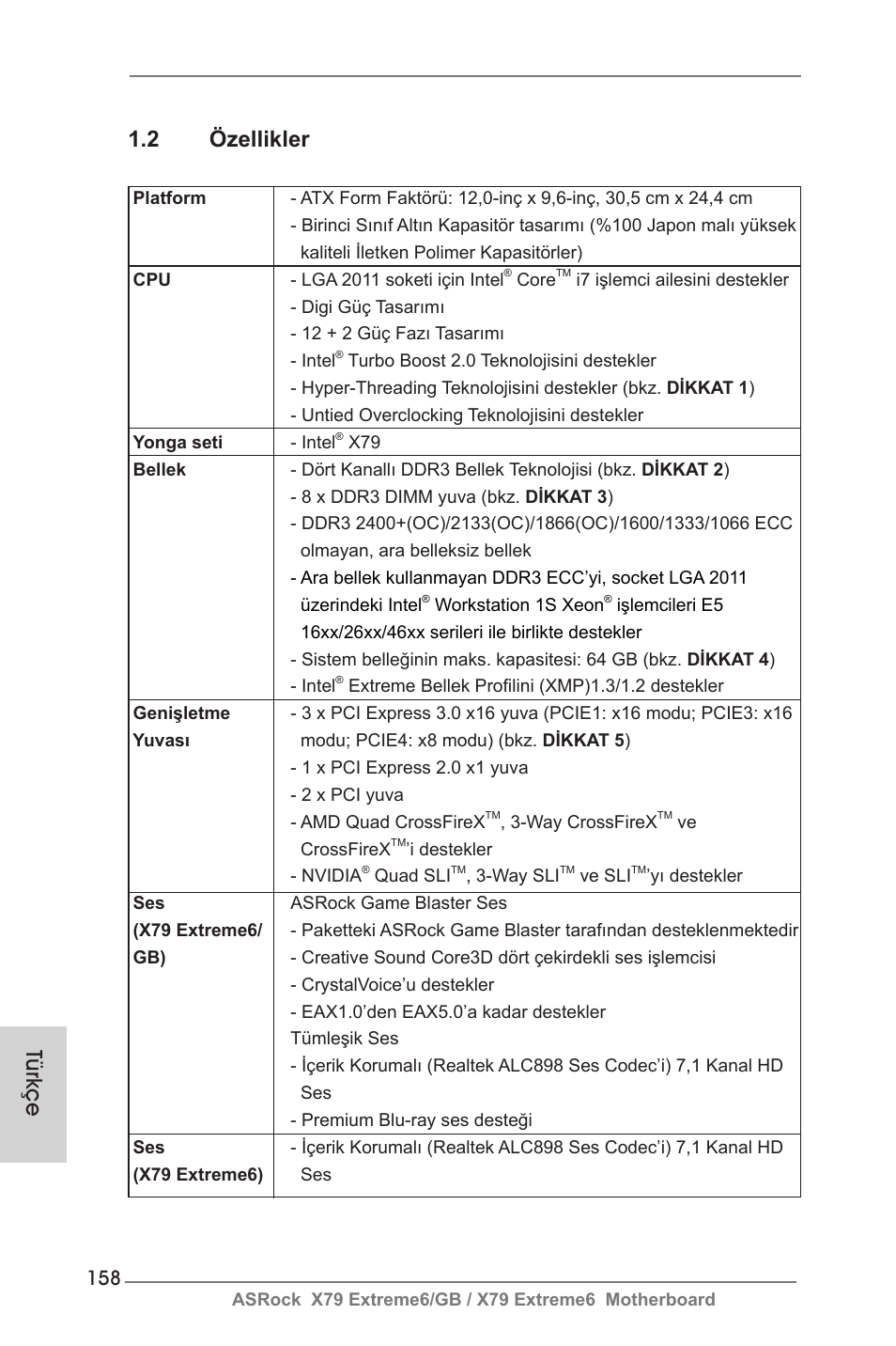 Türkçe 1.2 özellikler | ASRock X79 Extreme6__GB User Manual | Page 158 / 249