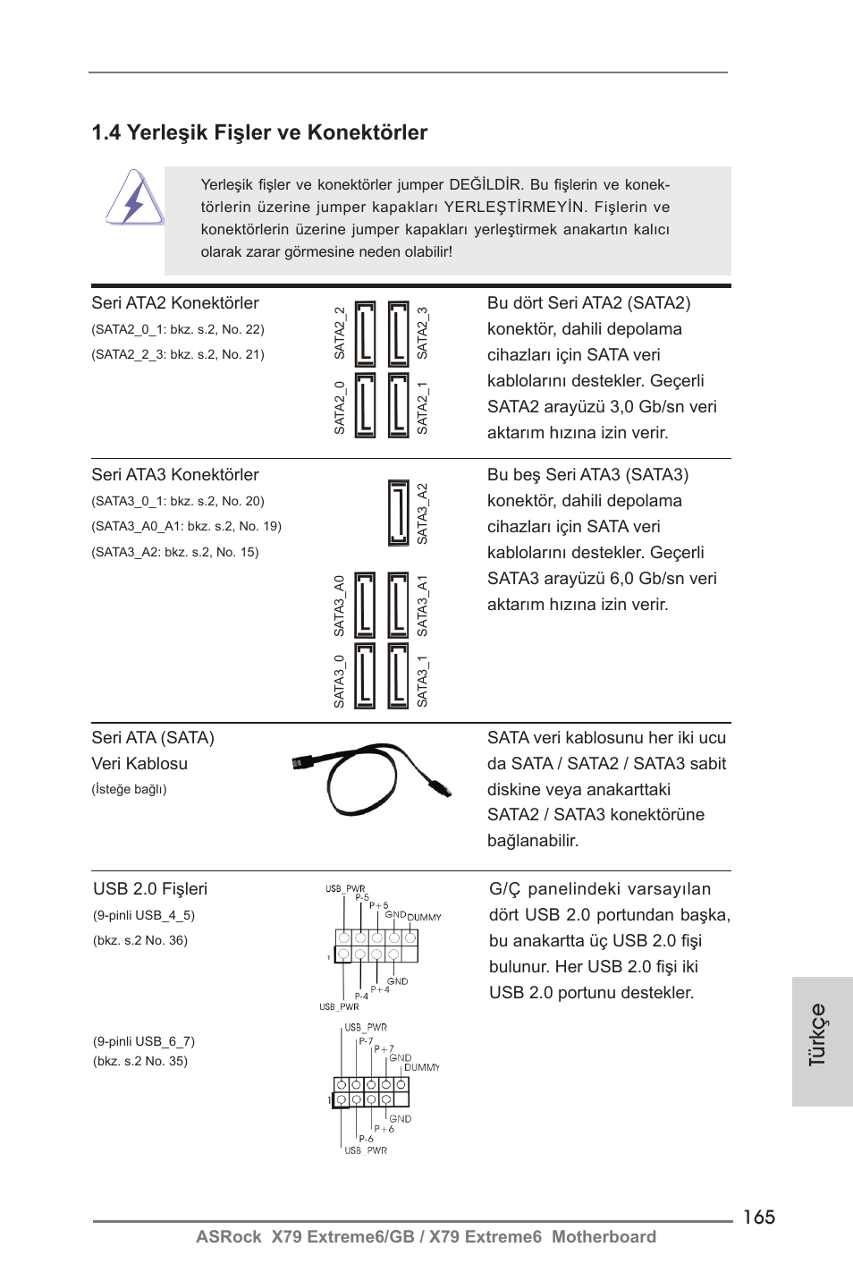 Türkçe 1.4 yerleşik fişler ve konektörler | ASRock X79 Extreme6__GB User Manual | Page 165 / 249