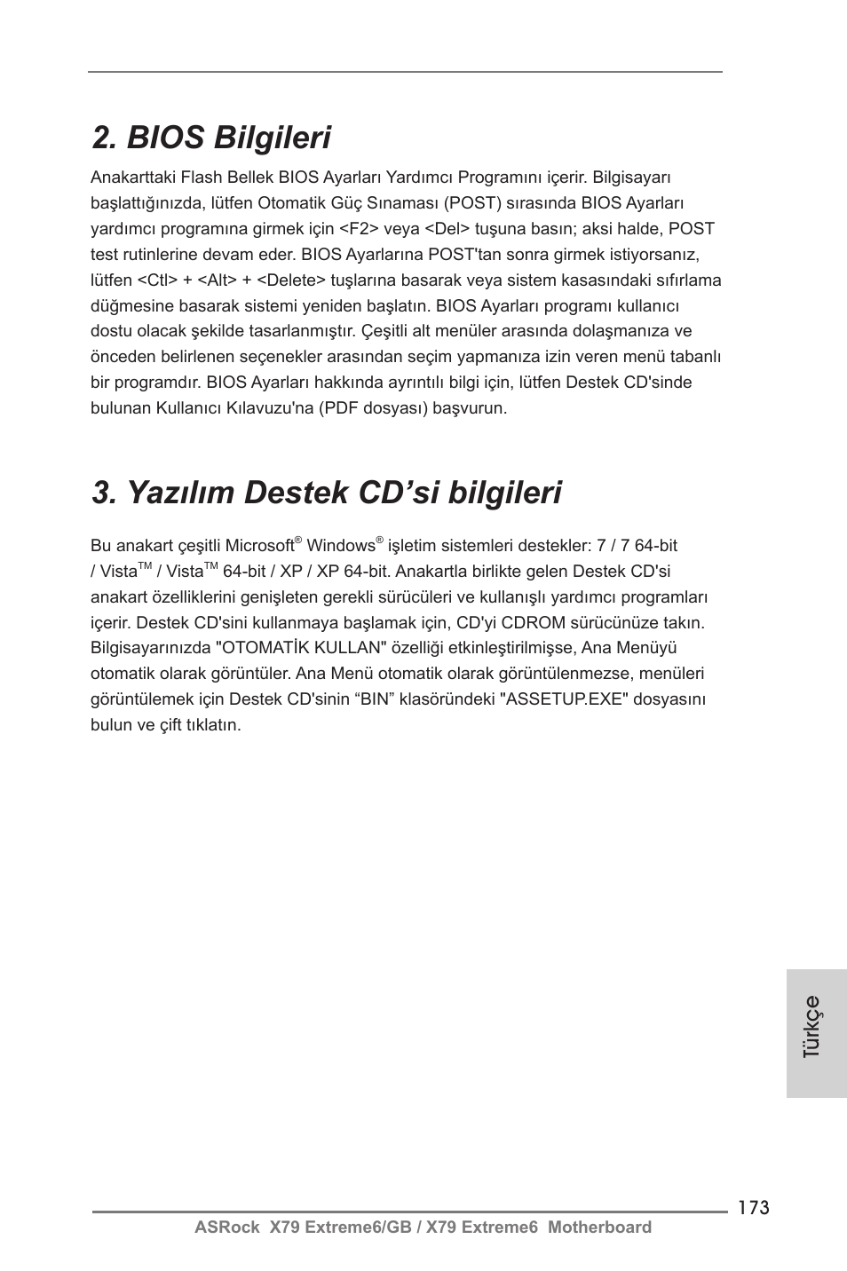 Bios bilgileri, Yazılım destek cd’si bilgileri, Türkçe | ASRock X79 Extreme6__GB User Manual | Page 173 / 249