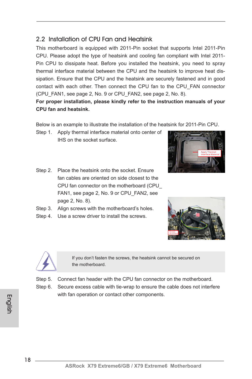 English 2.2 installation of cpu fan and heatsink | ASRock X79 Extreme6__GB User Manual | Page 18 / 249