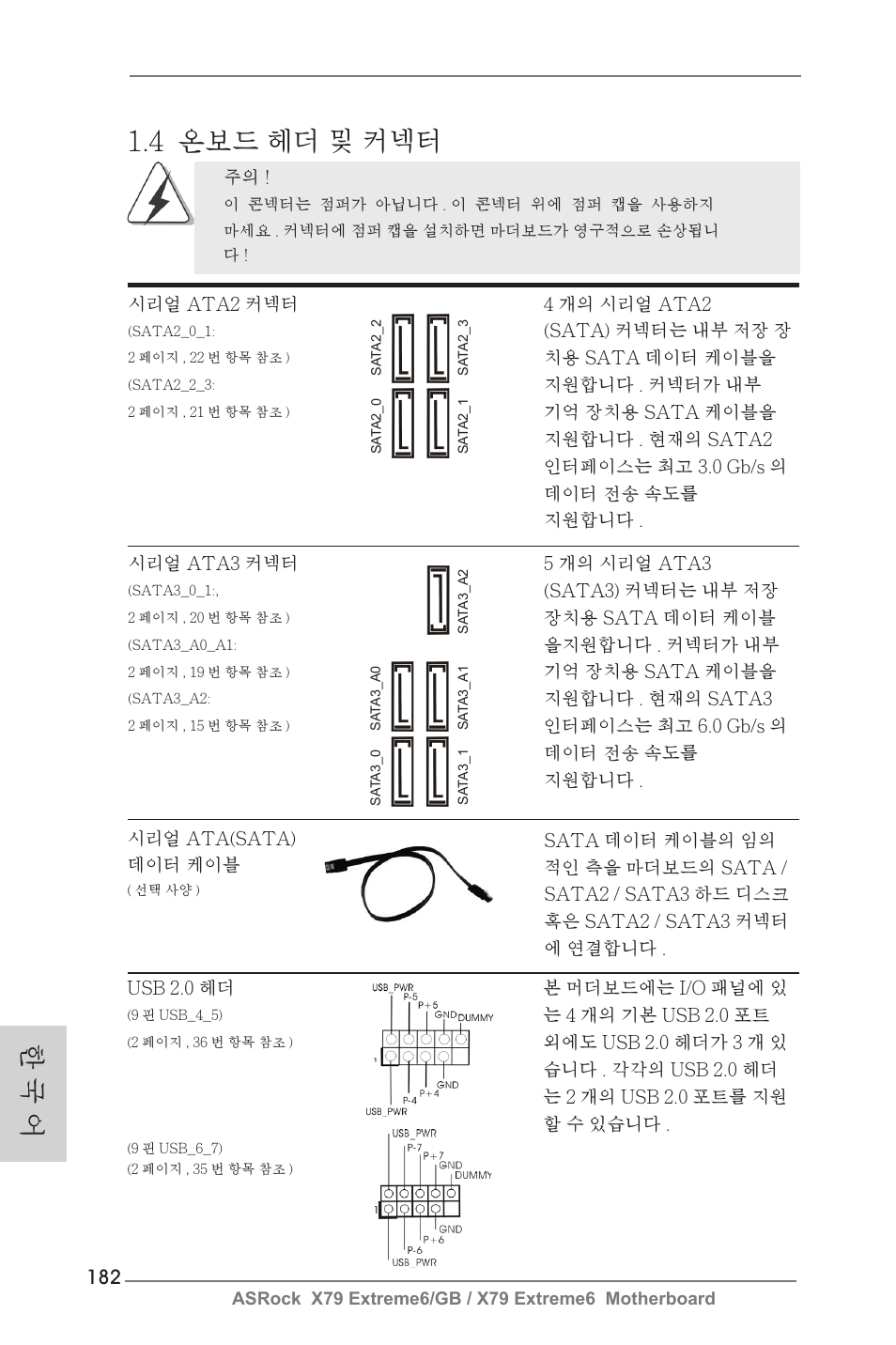 한 국 어 1.4 온보드 헤더 및 커넥터 | ASRock X79 Extreme6__GB User Manual | Page 182 / 249