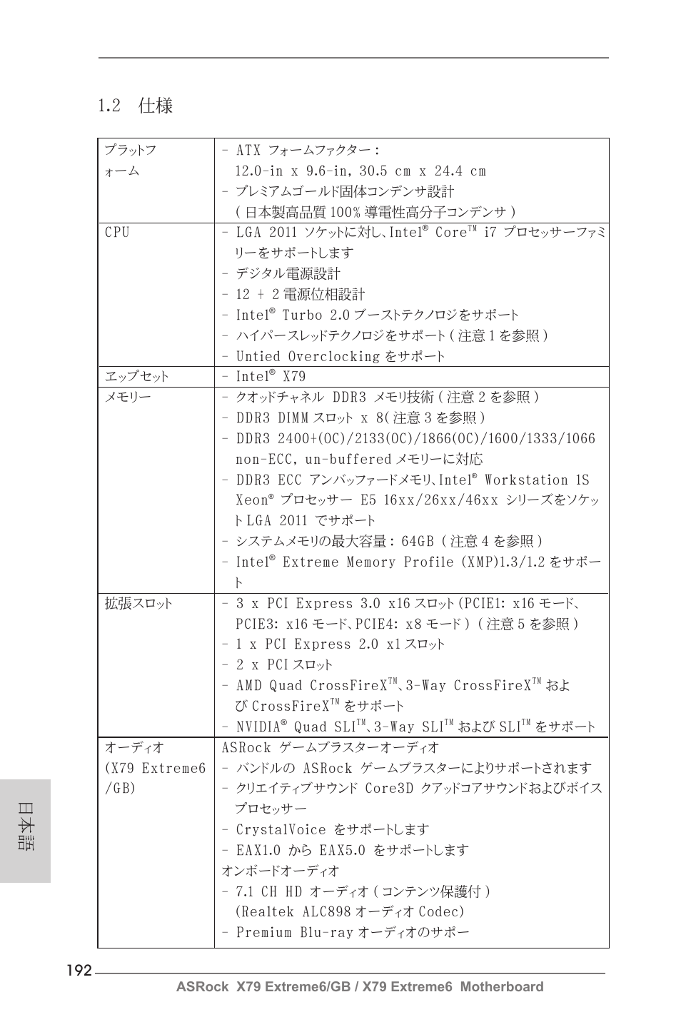 日本語 1.2 仕様 | ASRock X79 Extreme6__GB User Manual | Page 192 / 249