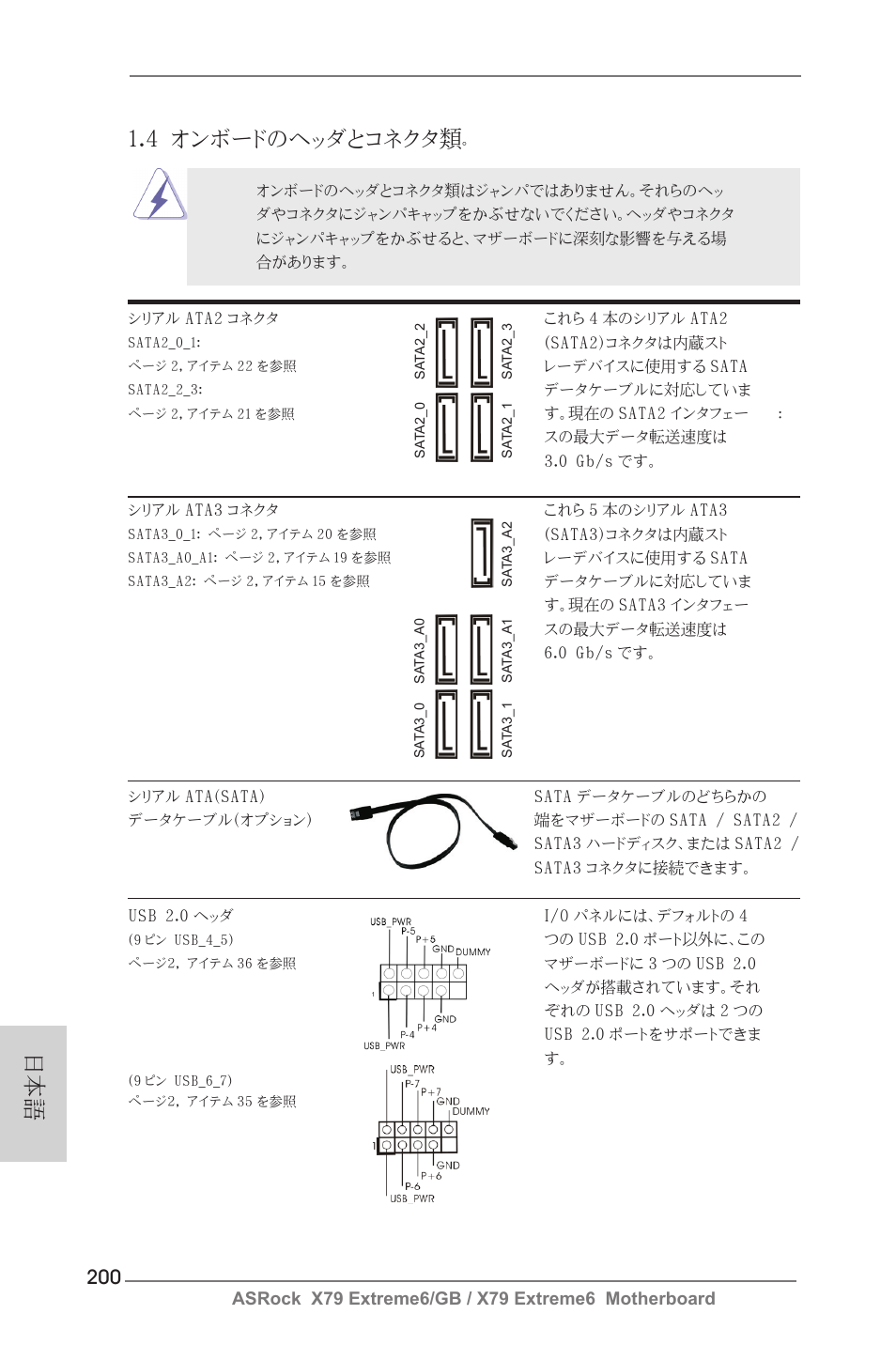 日本語 1.4 オンボードのヘッダとコネクタ類 | ASRock X79 Extreme6__GB User Manual | Page 200 / 249