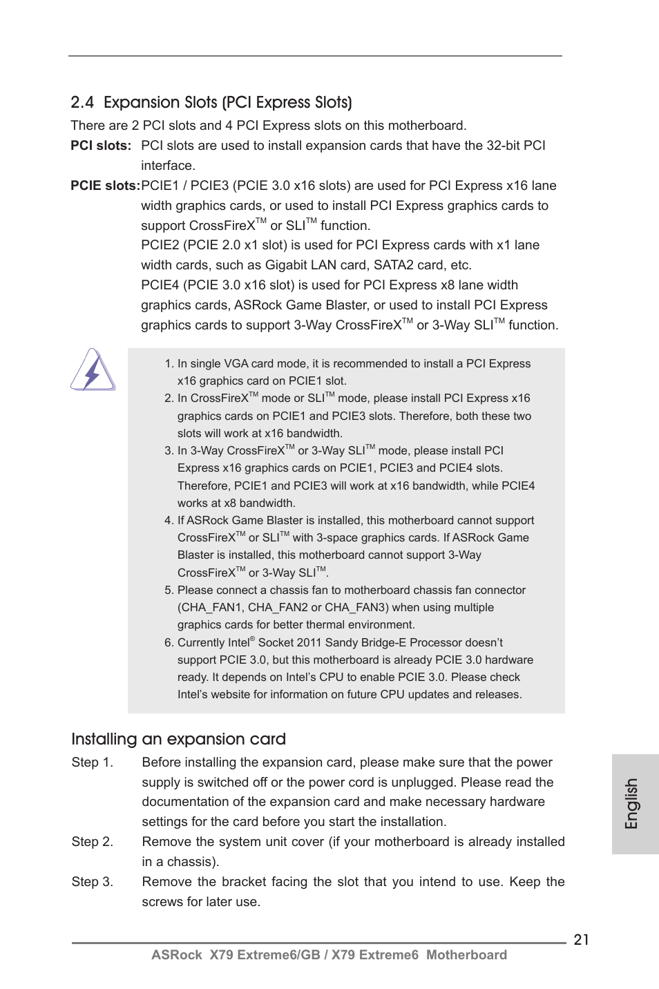 English 2.4 expansion slots (pci express slots), Installing an expansion card | ASRock X79 Extreme6__GB User Manual | Page 21 / 249