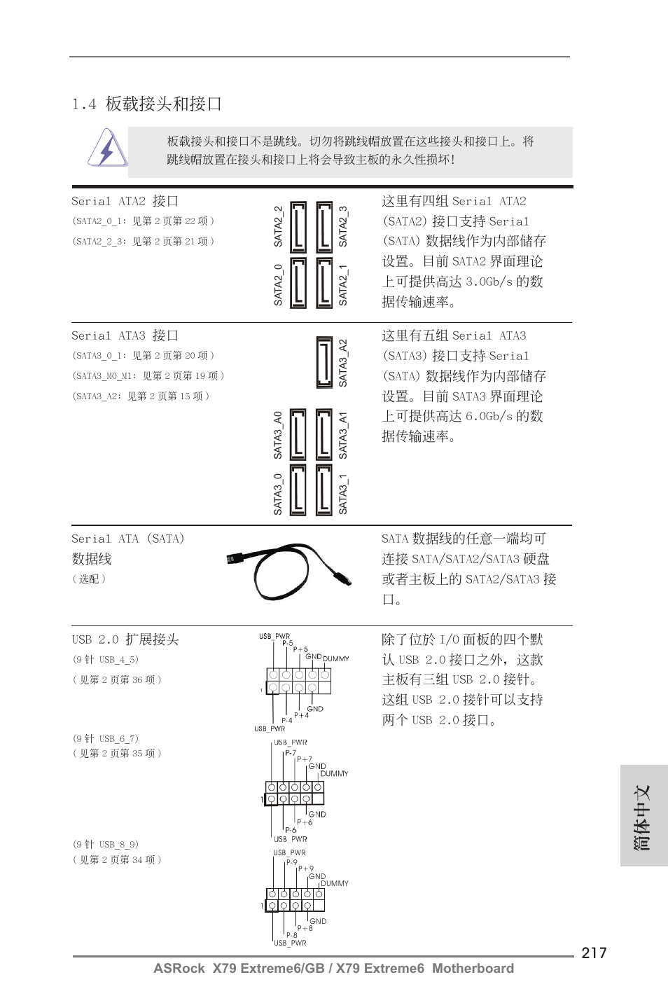 簡體中文, 4 板載接頭和接口 | ASRock X79 Extreme6__GB User Manual | Page 217 / 249