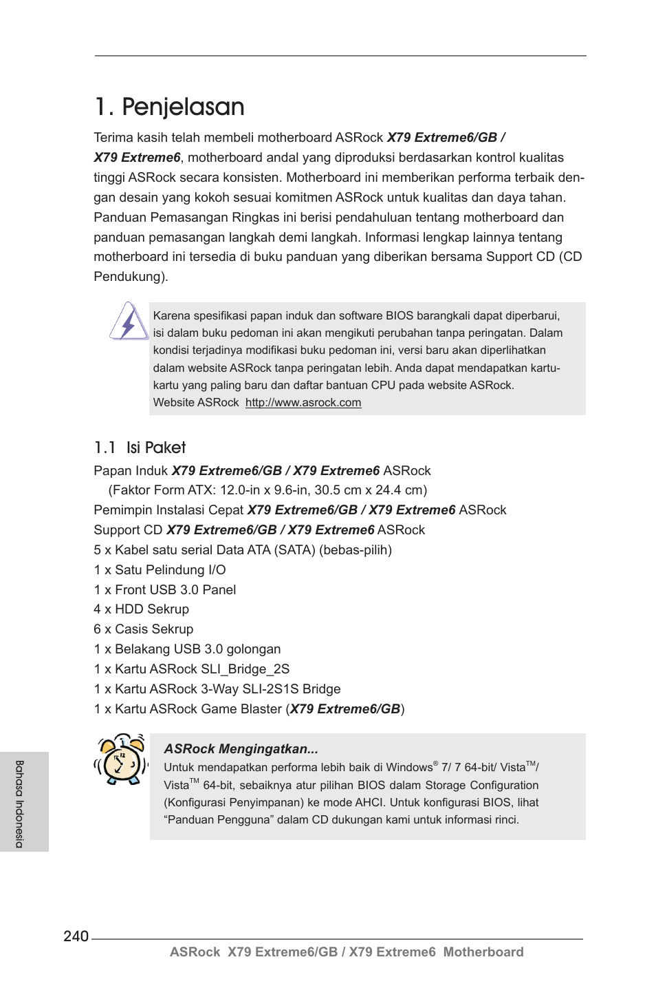 Indonesian, Penjelasan, 1 isi paket | ASRock X79 Extreme6__GB User Manual | Page 240 / 249