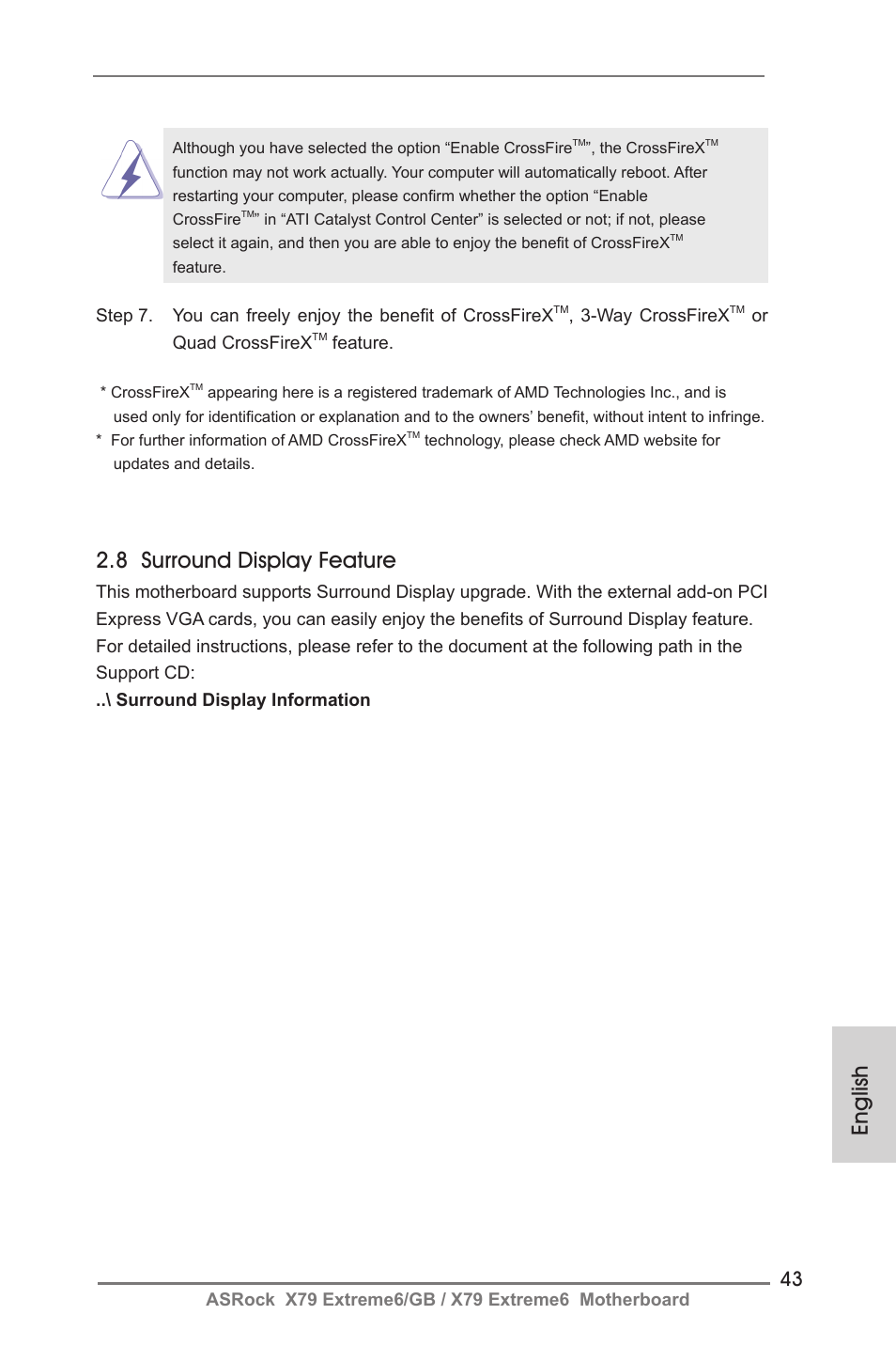 English 2.8 surround display feature | ASRock X79 Extreme6__GB User Manual | Page 43 / 249