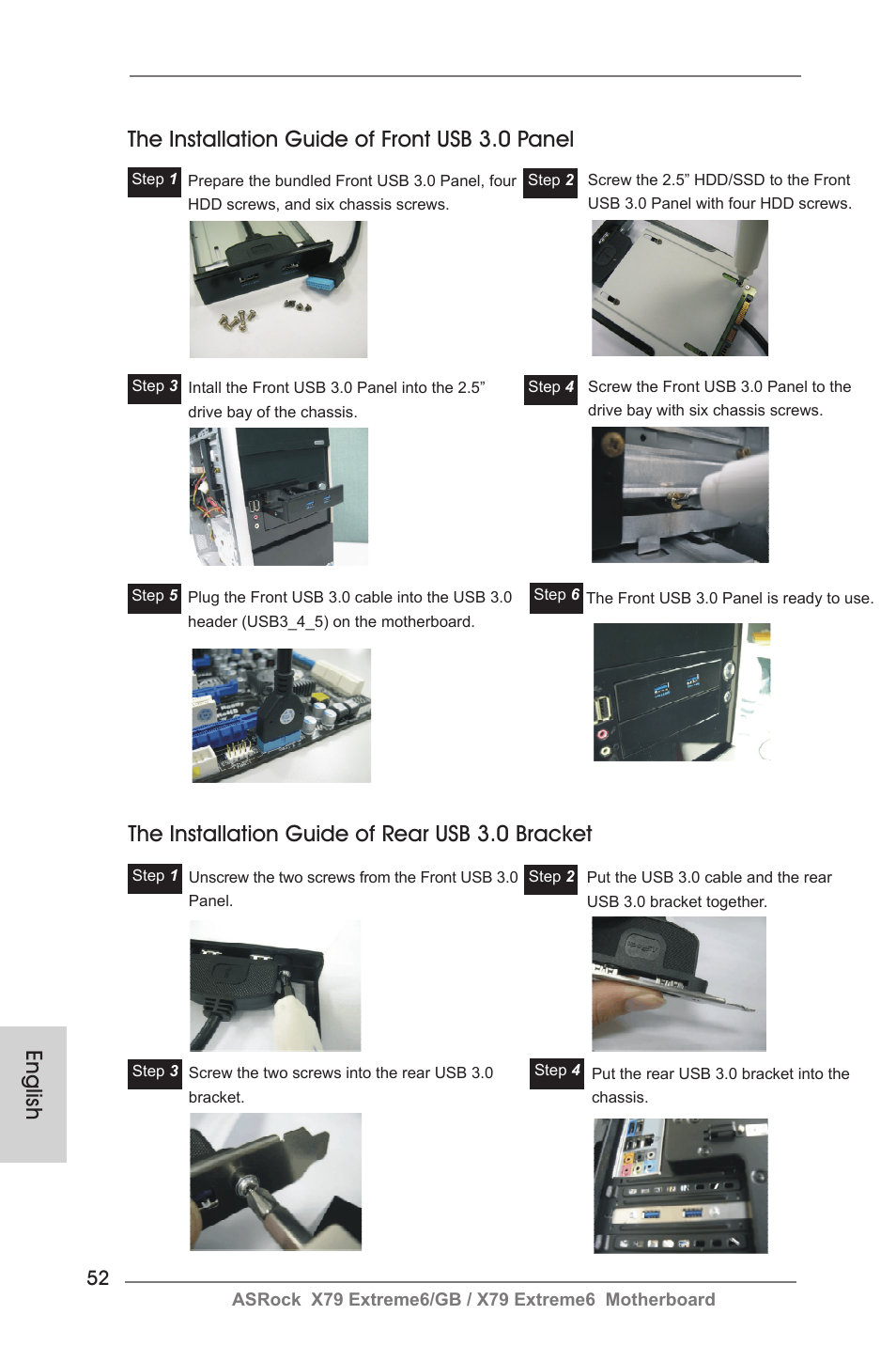 The installation guide of rear usb 3.0 bracket | ASRock X79 Extreme6__GB User Manual | Page 52 / 249