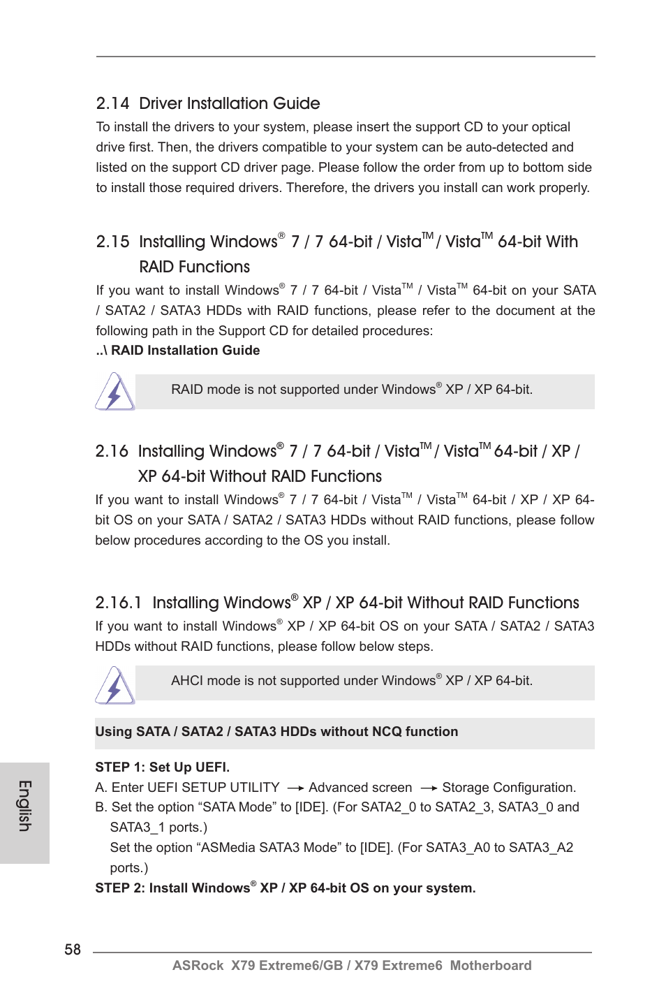 English 2.14 driver installation guide, 15 installing windows, 7 / 7 64-bit / vista | Vista, Bit with raid functions, 16 installing windows, Bit / xp / xp 64-bit without raid functions, 1 installing windows, Xp / xp 64-bit without raid functions | ASRock X79 Extreme6__GB User Manual | Page 58 / 249