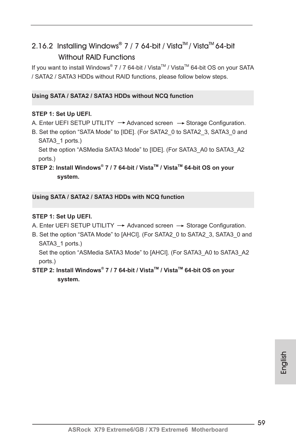 English, 2 installing windows, 7 / 7 64-bit / vista | Vista, Bit without raid functions | ASRock X79 Extreme6__GB User Manual | Page 59 / 249