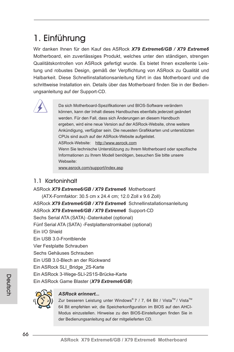 German, Einführung, 1 kartoninhalt | Deutsch | ASRock X79 Extreme6__GB User Manual | Page 66 / 249