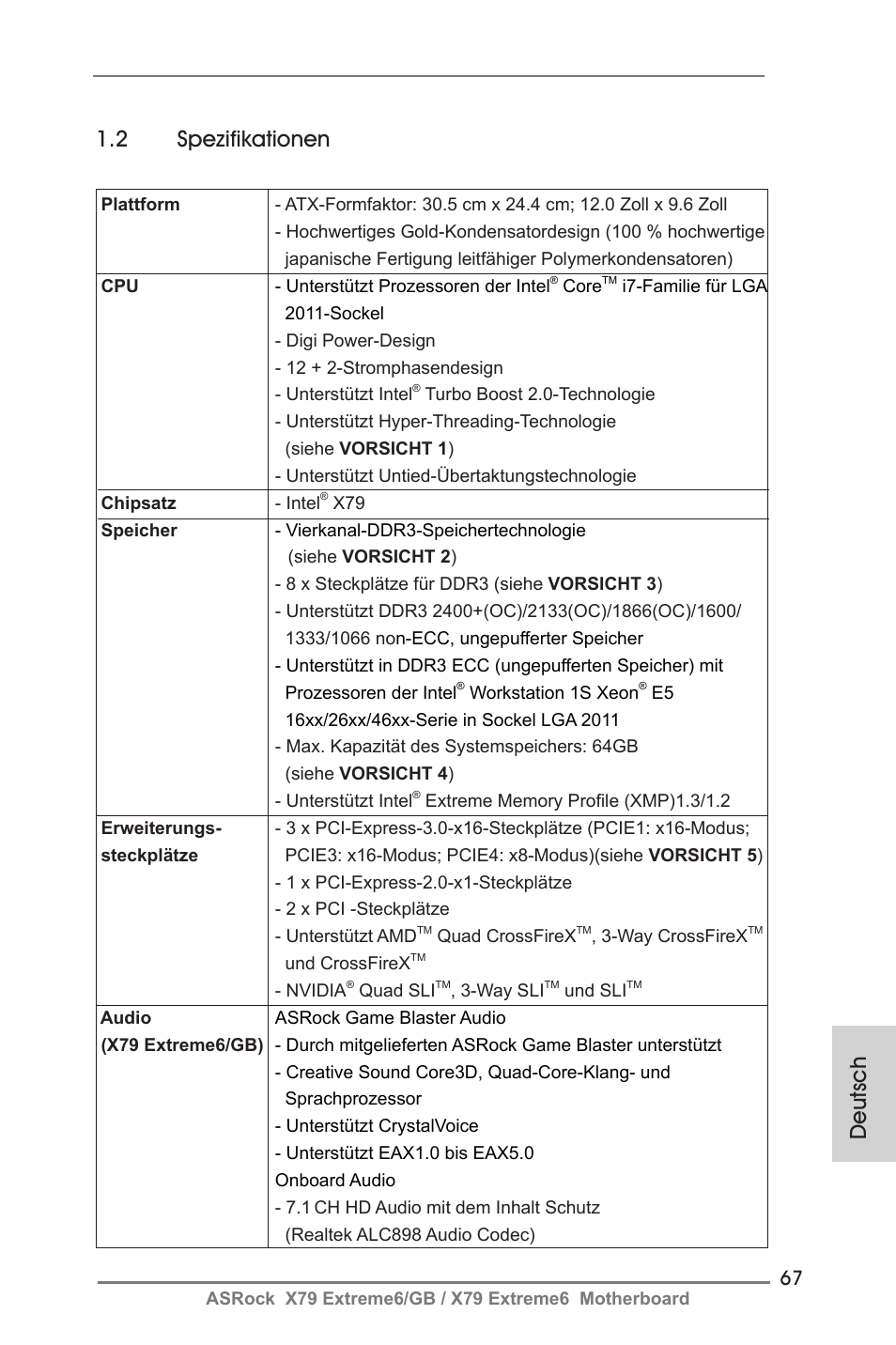 Deutsch 1.2 spezifikationen | ASRock X79 Extreme6__GB User Manual | Page 67 / 249