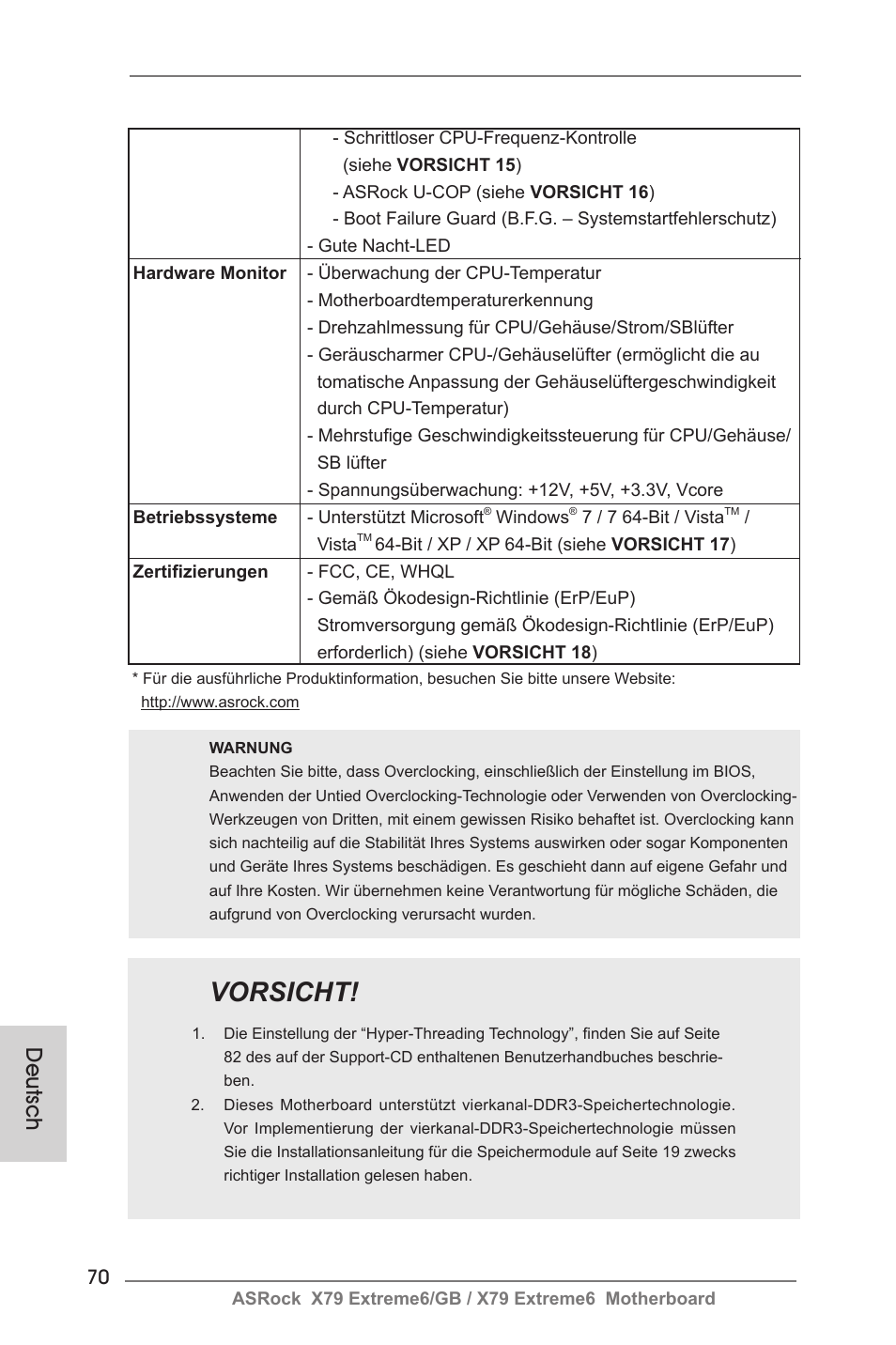 Vorsicht, Deutsch | ASRock X79 Extreme6__GB User Manual | Page 70 / 249