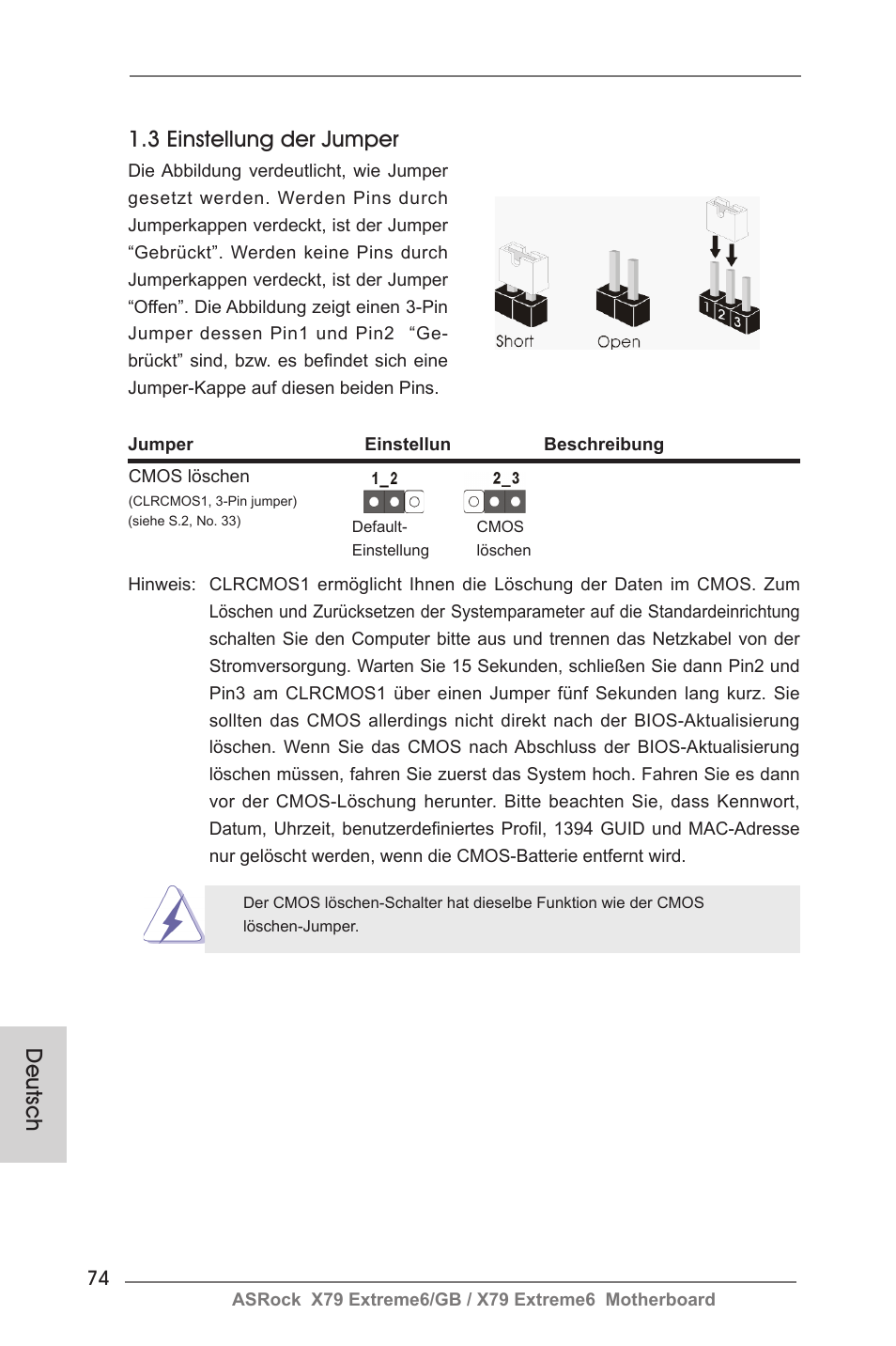 Deutsch 1.3 einstellung der jumper | ASRock X79 Extreme6__GB User Manual | Page 74 / 249