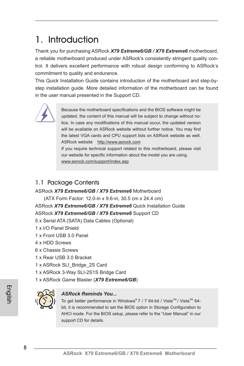 Introduction, 1 package contents, English | ASRock X79 Extreme6__GB User Manual | Page 8 / 249