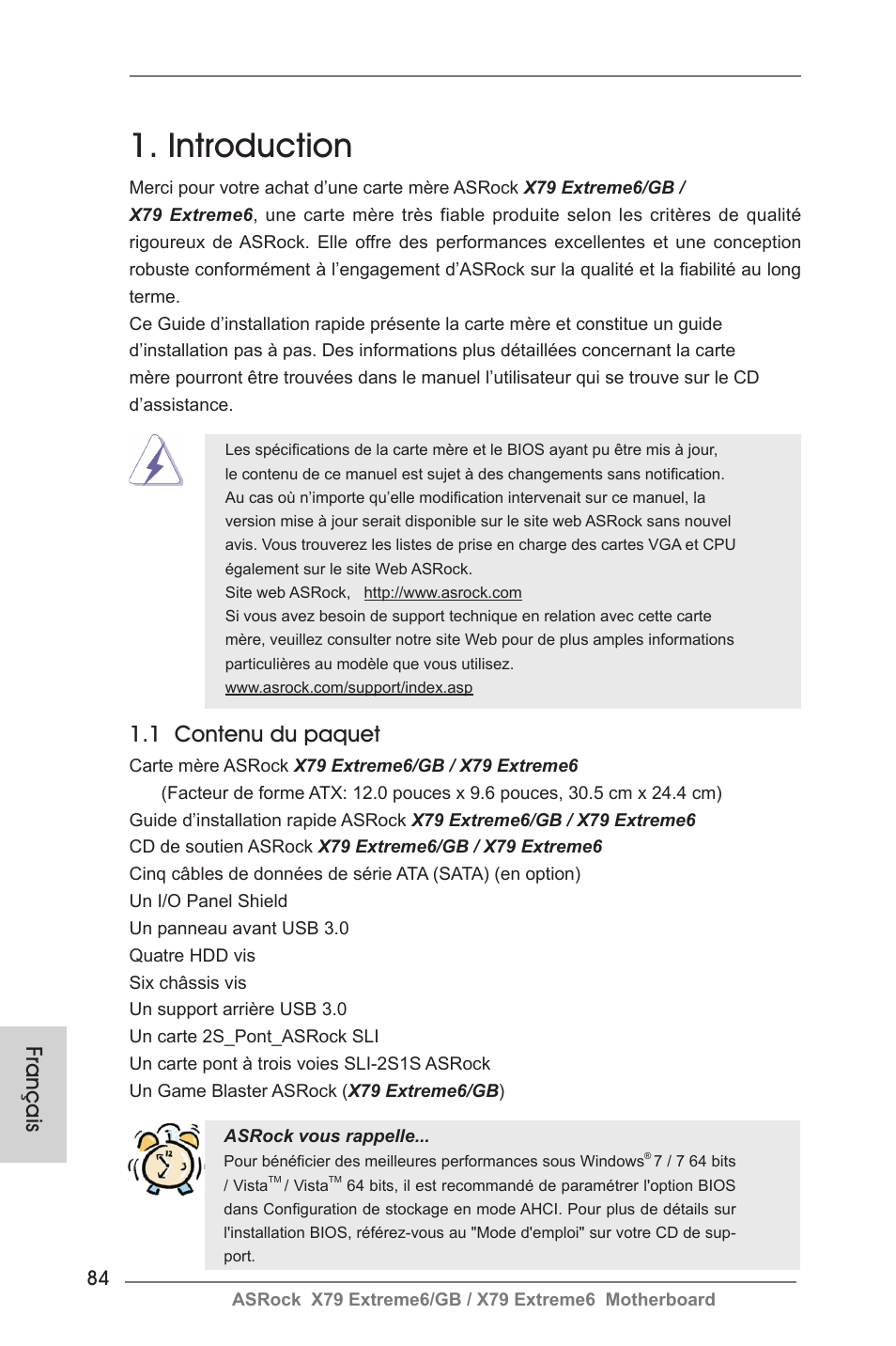 French, Introduction, Français 1.1 contenu du paquet | ASRock X79 Extreme6__GB User Manual | Page 84 / 249