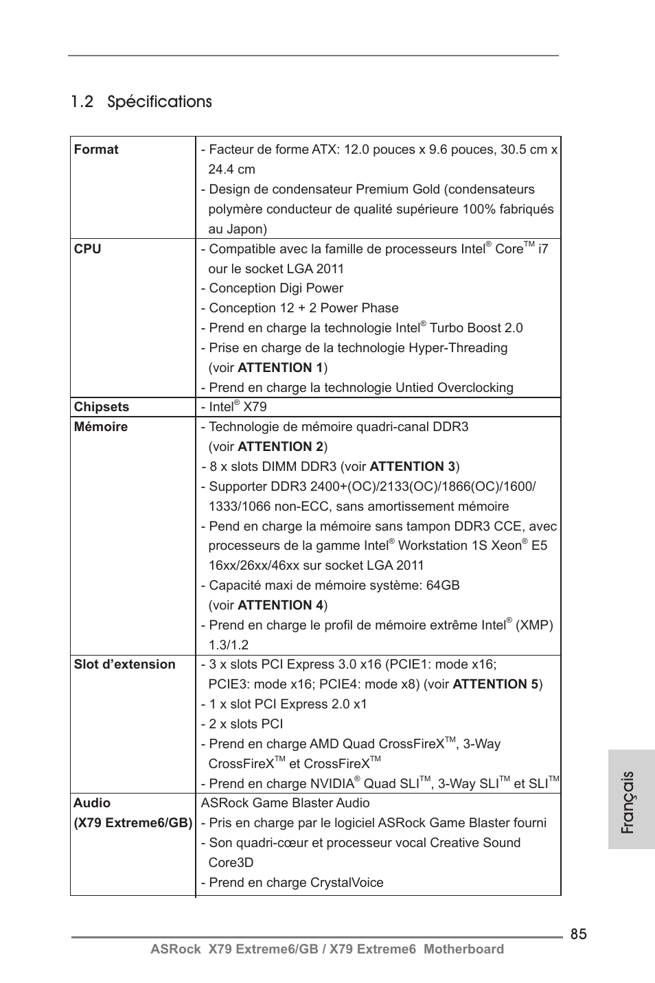 Français 1.2 spécifications | ASRock X79 Extreme6__GB User Manual | Page 85 / 249