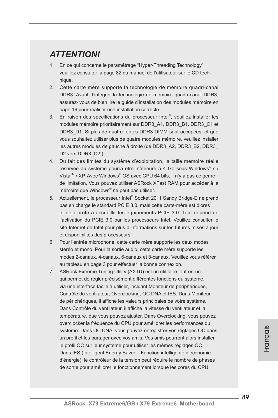 Attention, Français | ASRock X79 Extreme6__GB User Manual | Page 89 / 249