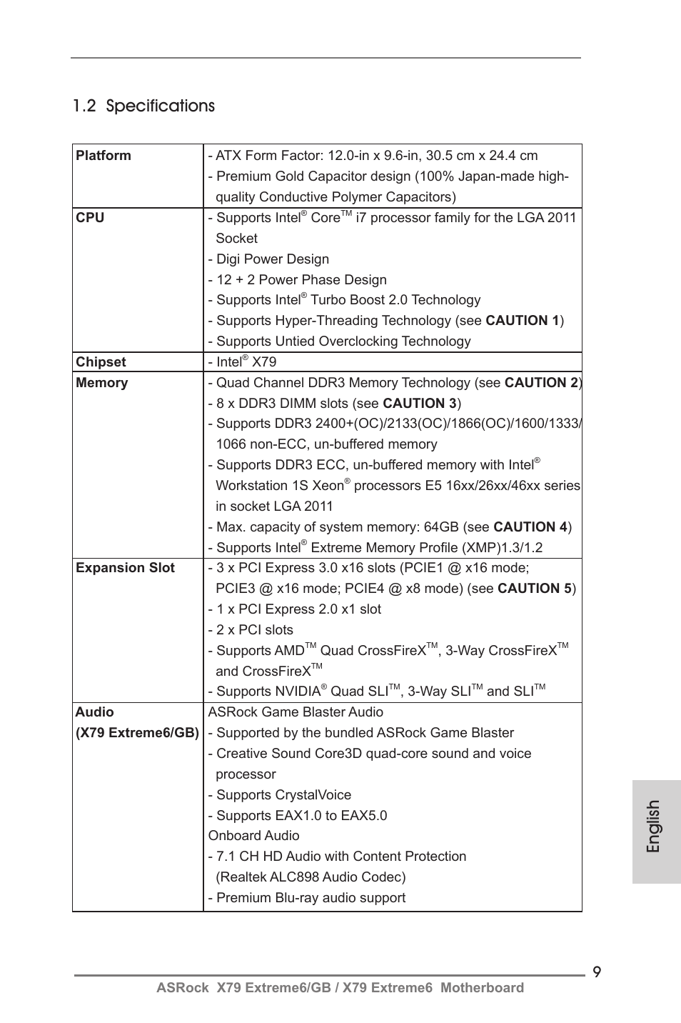 English 1.2 specifications | ASRock X79 Extreme6__GB User Manual | Page 9 / 249