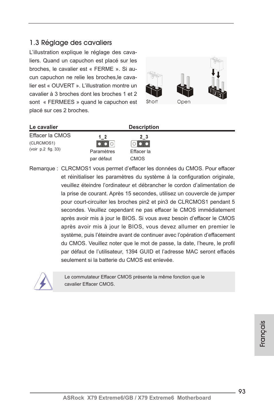 Français 1.3 réglage des cavaliers | ASRock X79 Extreme6__GB User Manual | Page 93 / 249