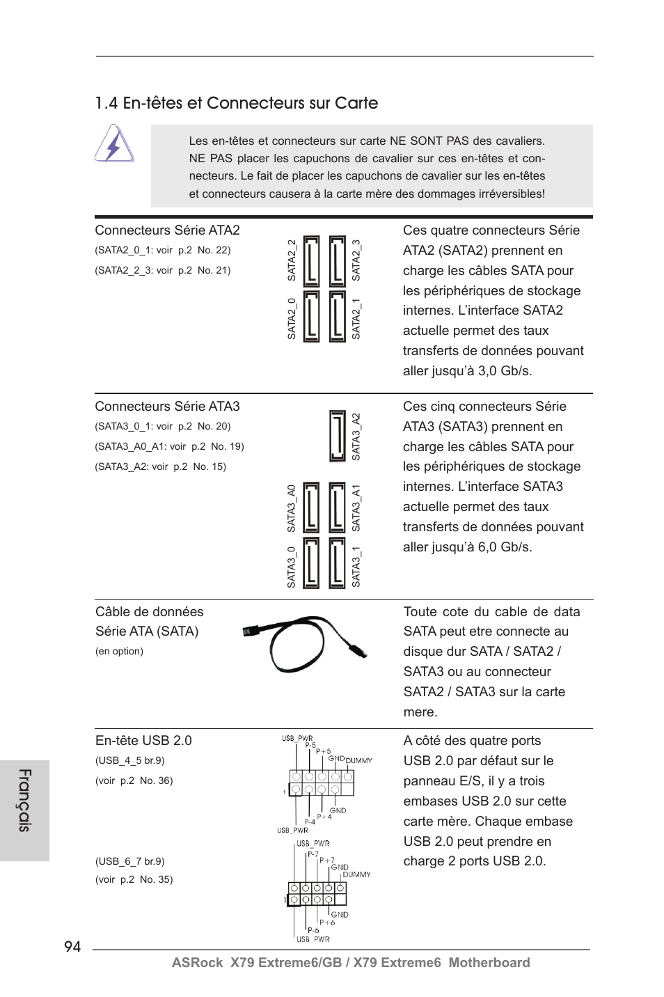 Français, 4 en-têtes et connecteurs sur carte | ASRock X79 Extreme6__GB User Manual | Page 94 / 249