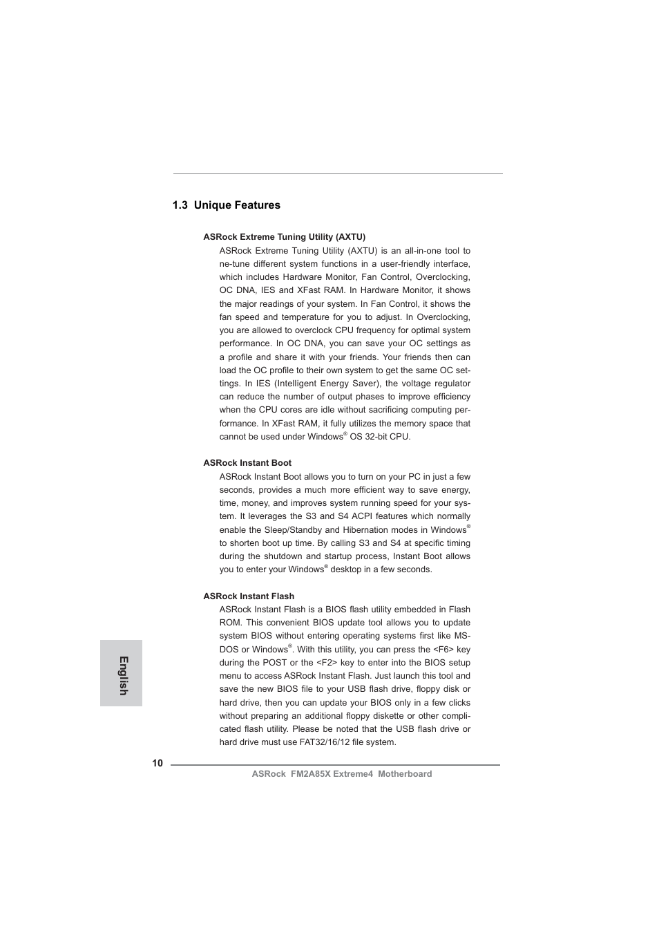 English 1.3 unique features | ASRock FM2A85X Extreme4 User Manual | Page 10 / 179