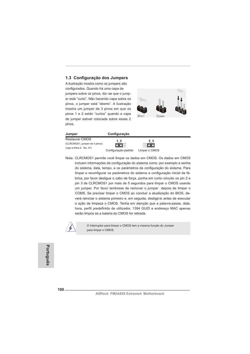 Português 1.3 confi guração dos jumpers | ASRock FM2A85X Extreme4 User Manual | Page 100 / 179