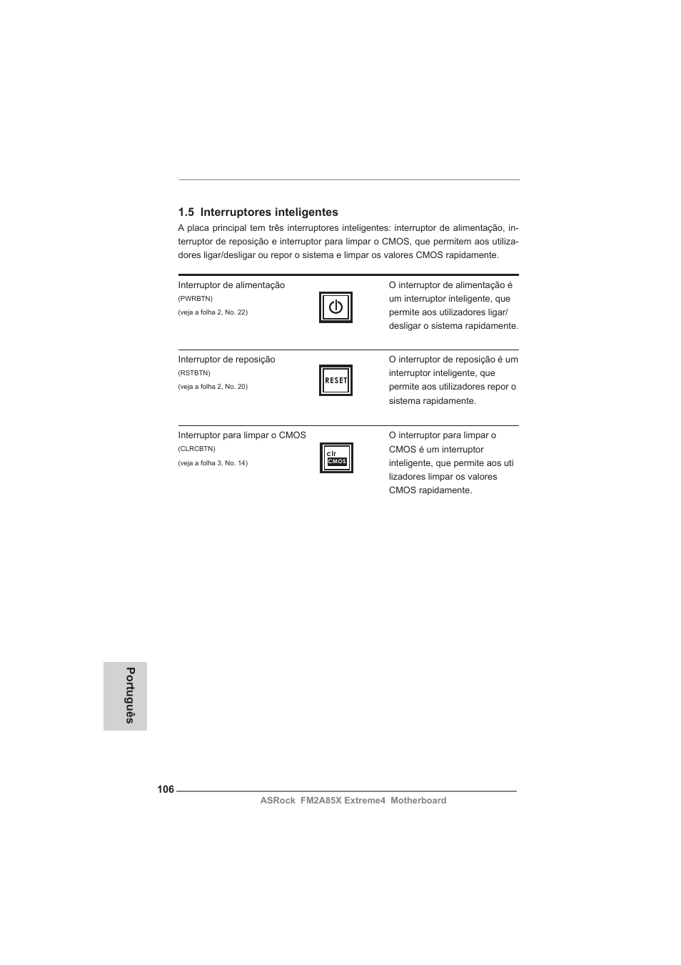 Português, 5 interruptores inteligentes | ASRock FM2A85X Extreme4 User Manual | Page 106 / 179
