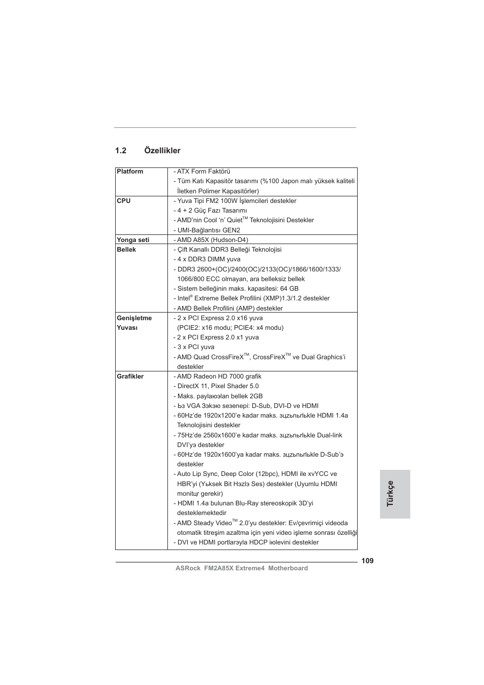Türkçe 1.2 özellikler | ASRock FM2A85X Extreme4 User Manual | Page 109 / 179