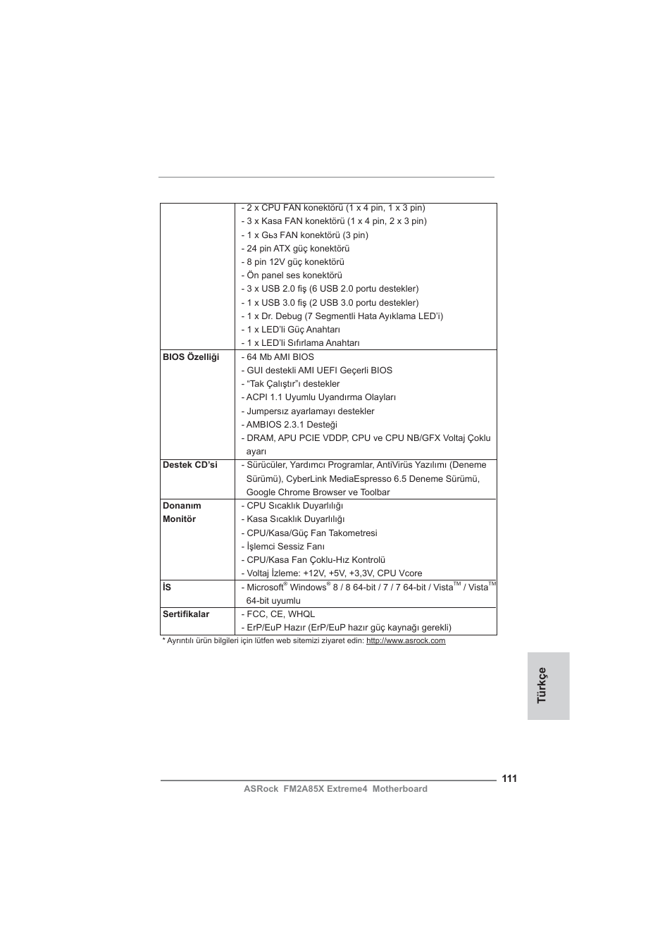 Türkçe | ASRock FM2A85X Extreme4 User Manual | Page 111 / 179