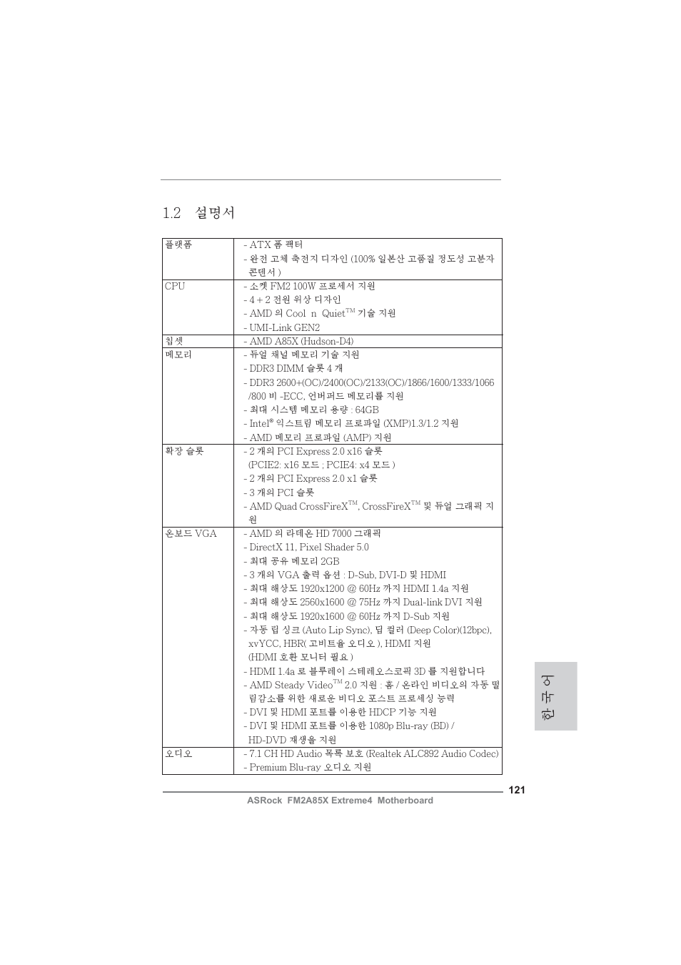 한 국 어 1.2 설명서 | ASRock FM2A85X Extreme4 User Manual | Page 121 / 179