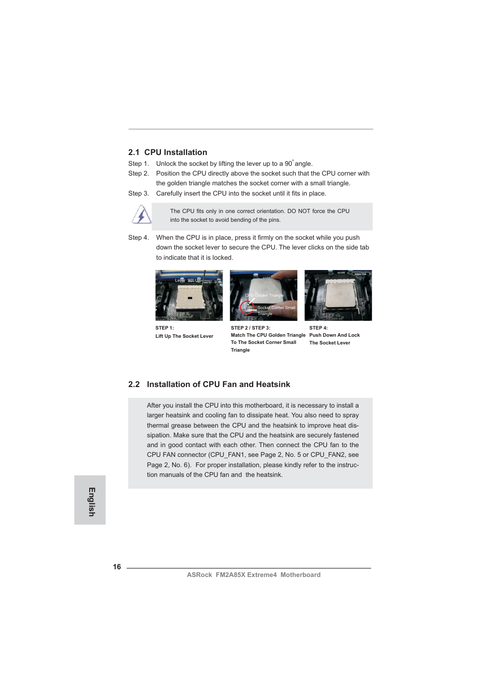 English 2.1 cpu installation, 2 installation of cpu fan and heatsink | ASRock FM2A85X Extreme4 User Manual | Page 16 / 179