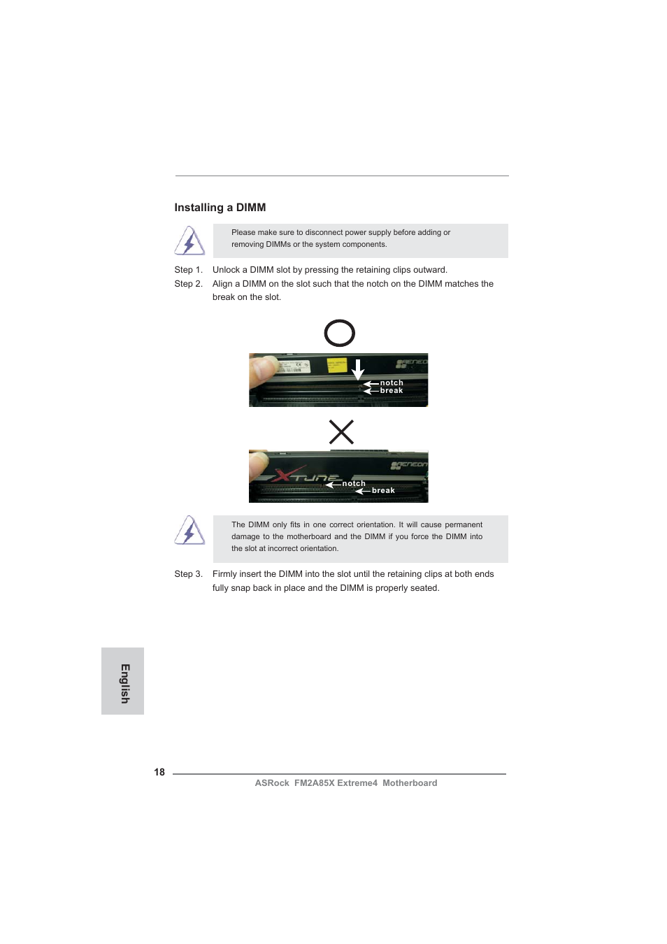 English, Installing a dimm | ASRock FM2A85X Extreme4 User Manual | Page 18 / 179