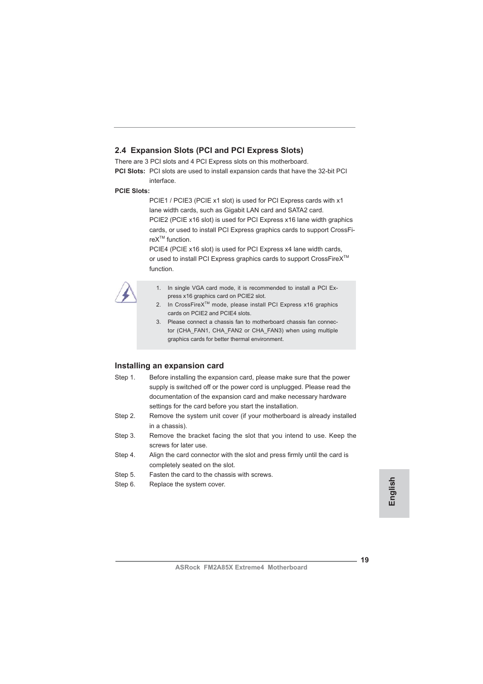 Installing an expansion card | ASRock FM2A85X Extreme4 User Manual | Page 19 / 179