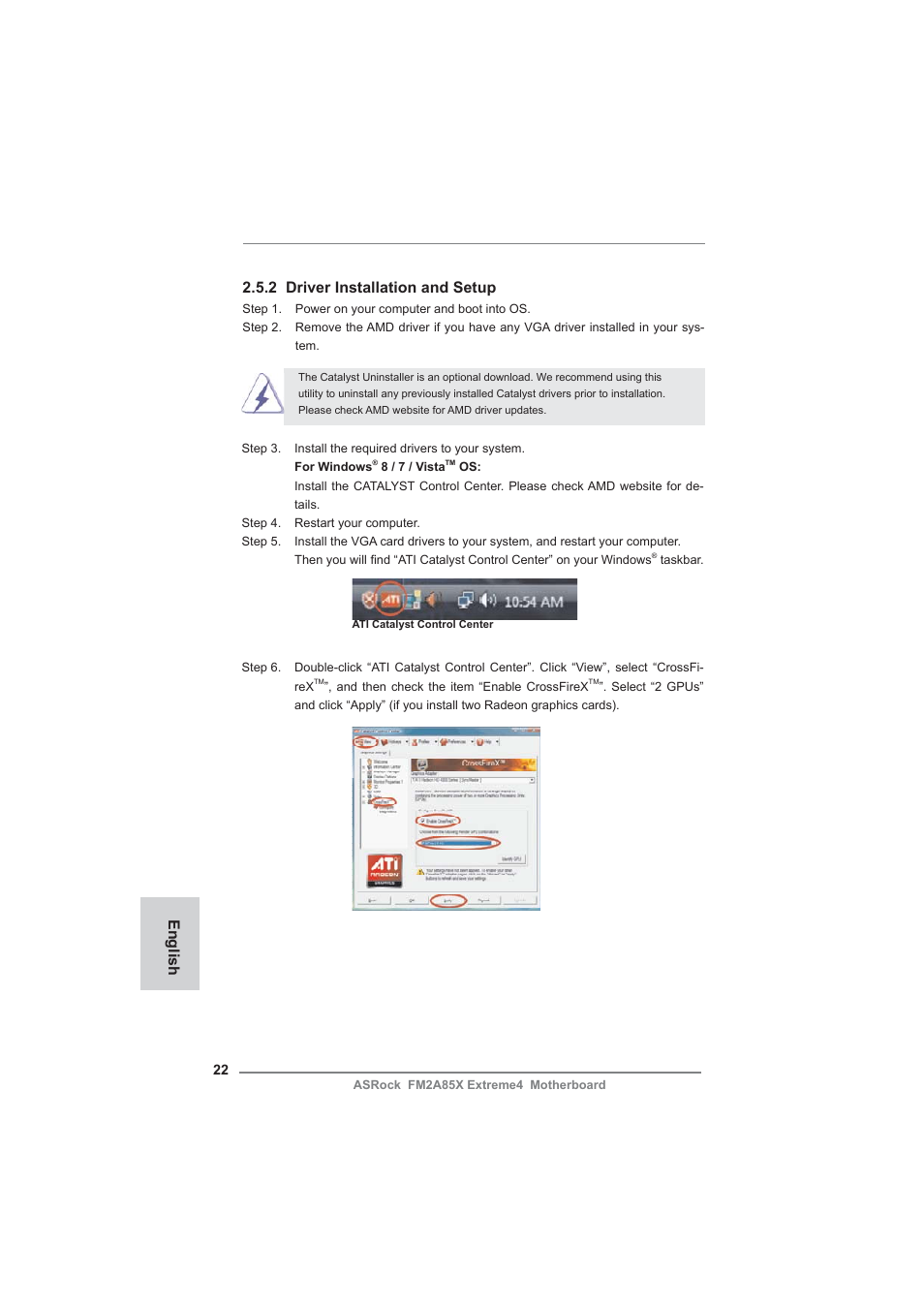 English, 2 driver installation and setup | ASRock FM2A85X Extreme4 User Manual | Page 22 / 179