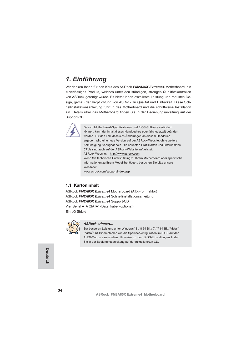 German, Einführung, 1 kartoninhalt | Deutsch | ASRock FM2A85X Extreme4 User Manual | Page 34 / 179