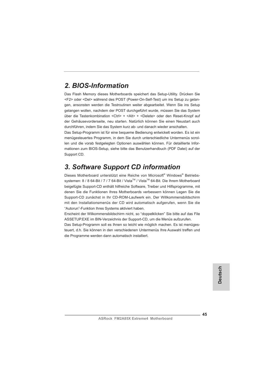 Bios-information, Software support cd information | ASRock FM2A85X Extreme4 User Manual | Page 45 / 179