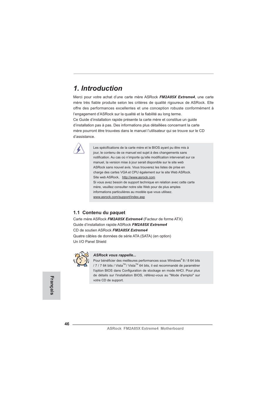 French, Introduction, 1 contenu du paquet | Français | ASRock FM2A85X Extreme4 User Manual | Page 46 / 179
