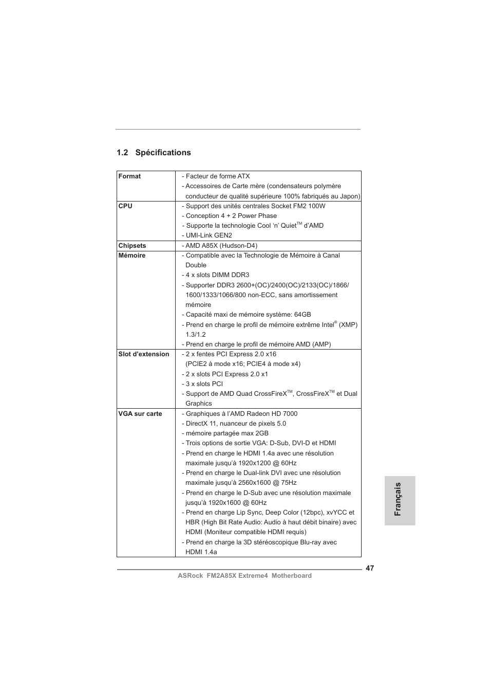 Français 1.2 spécifi cations | ASRock FM2A85X Extreme4 User Manual | Page 47 / 179