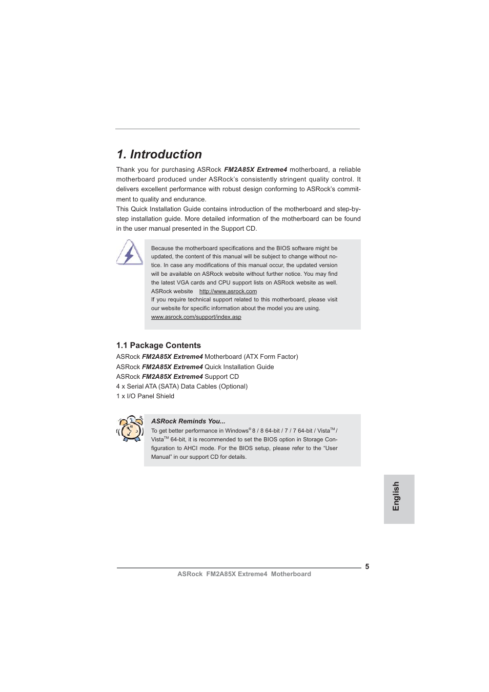 Introduction, English, 1 package contents | ASRock FM2A85X Extreme4 User Manual | Page 5 / 179